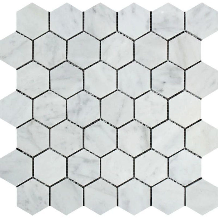 White Carrara Marble 2x2 Hexagon Polished Mosaic Tile - TILE AND MOSAIC DEPOT