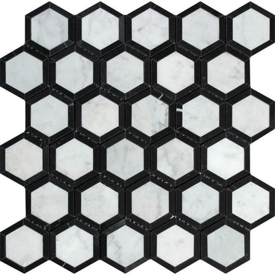 White Carrara Marble 2x2 Hexagon with Black Honed Mosaic Tile - TILE AND MOSAIC DEPOT