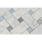 White Carrara Marble Large Basketweave with Blue Dots Honed Mosaic Tile - TILE AND MOSAIC DEPOT
