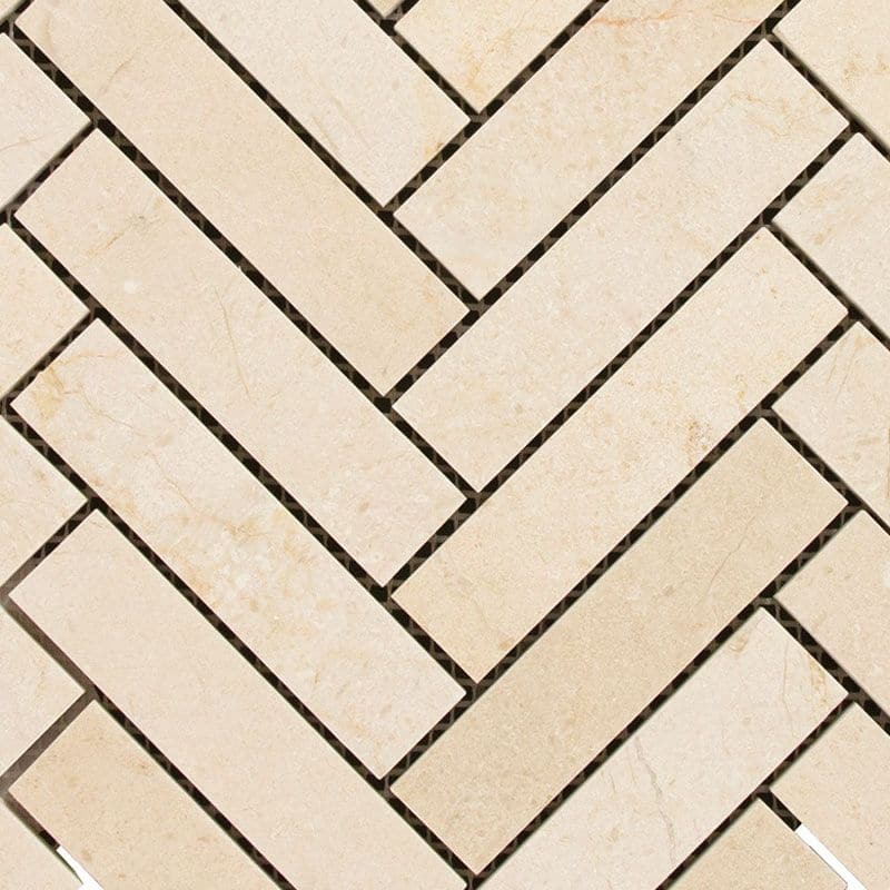 Crema Marfil marble mosaic tile with 1x4 herringbone pattern, polished finish, from TILE AND MOSAIC DEPOT.