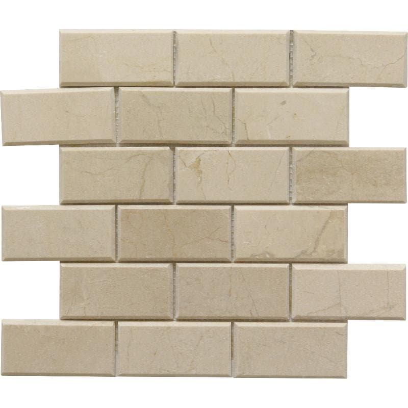 Crema Marfil Marble 2 X 4 Polished Deep Beveled Brick Mosaic Tile - TILE AND MOSAIC DEPOT