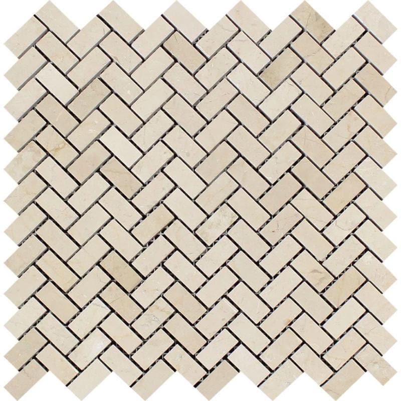 Crema Marfil Marble Mini Herringbone Polished Mosaic Tile - TILE AND MOSAIC DEPOT