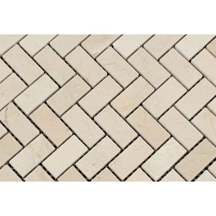 Crema Marfil Marble Mini Herringbone Polished Mosaic Tile - TILE AND MOSAIC DEPOT