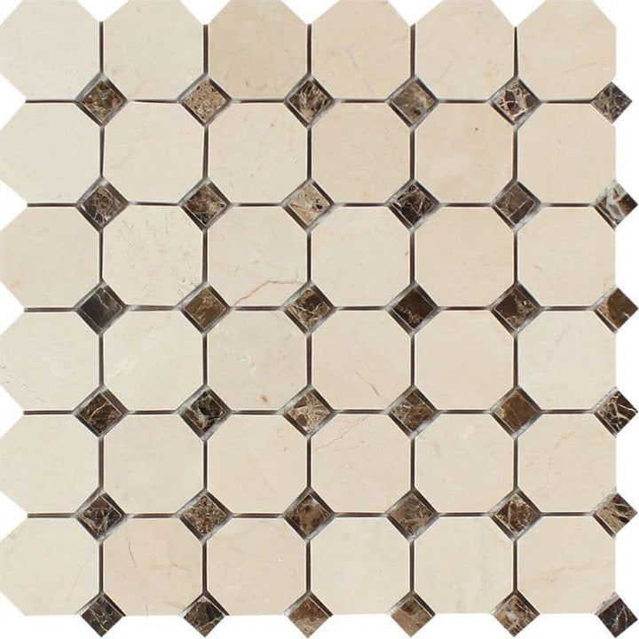 Crema Marfil Marble Octagon with Brown Dots Polished Mosaic Tile - TILE AND MOSAIC DEPOT