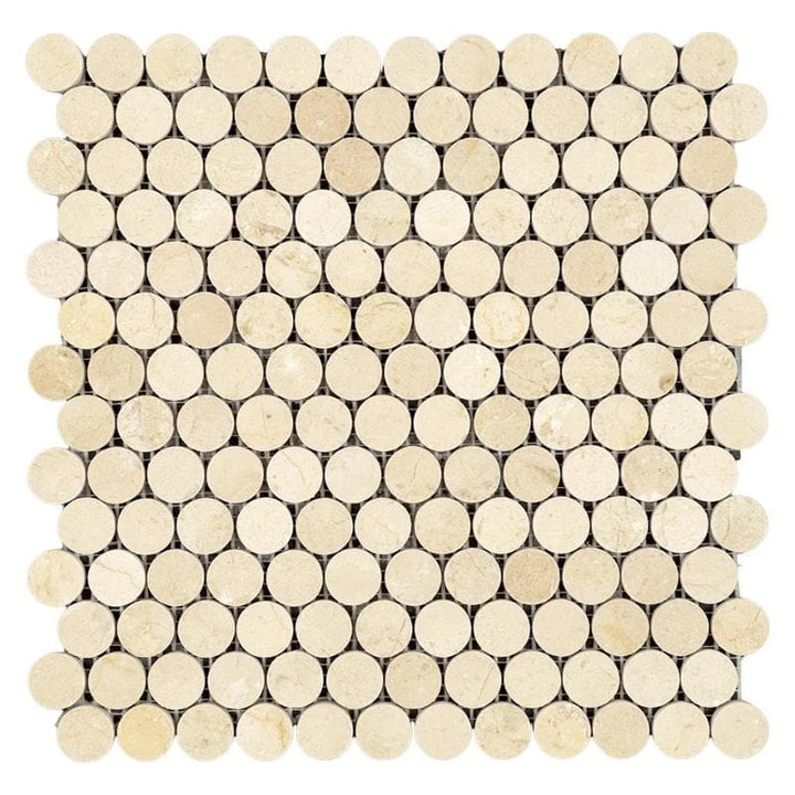 Crema Marfil Marble Penny Round Polished Mosaic Tile - TILE AND MOSAIC DEPOT