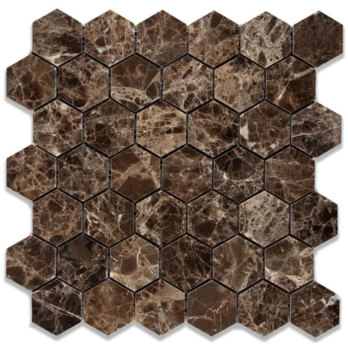 Emperador Dark Spanish Marble 2x2 Hexagon Polished Mosaic Tile - TILE AND MOSAIC DEPOT