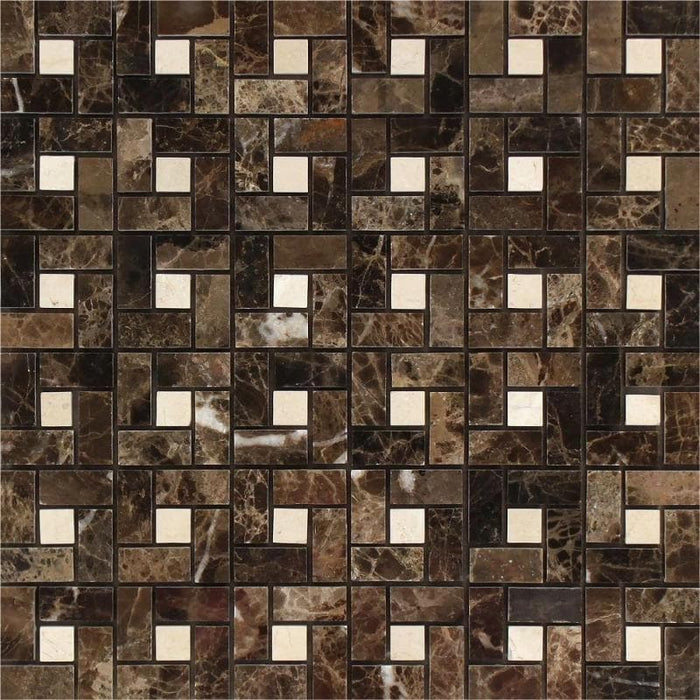 Emperador Dark Spanish Marble Pinwheel w/Crema Marfil dots Polished Mosaic Tile - TILE AND MOSAIC DEPOT
