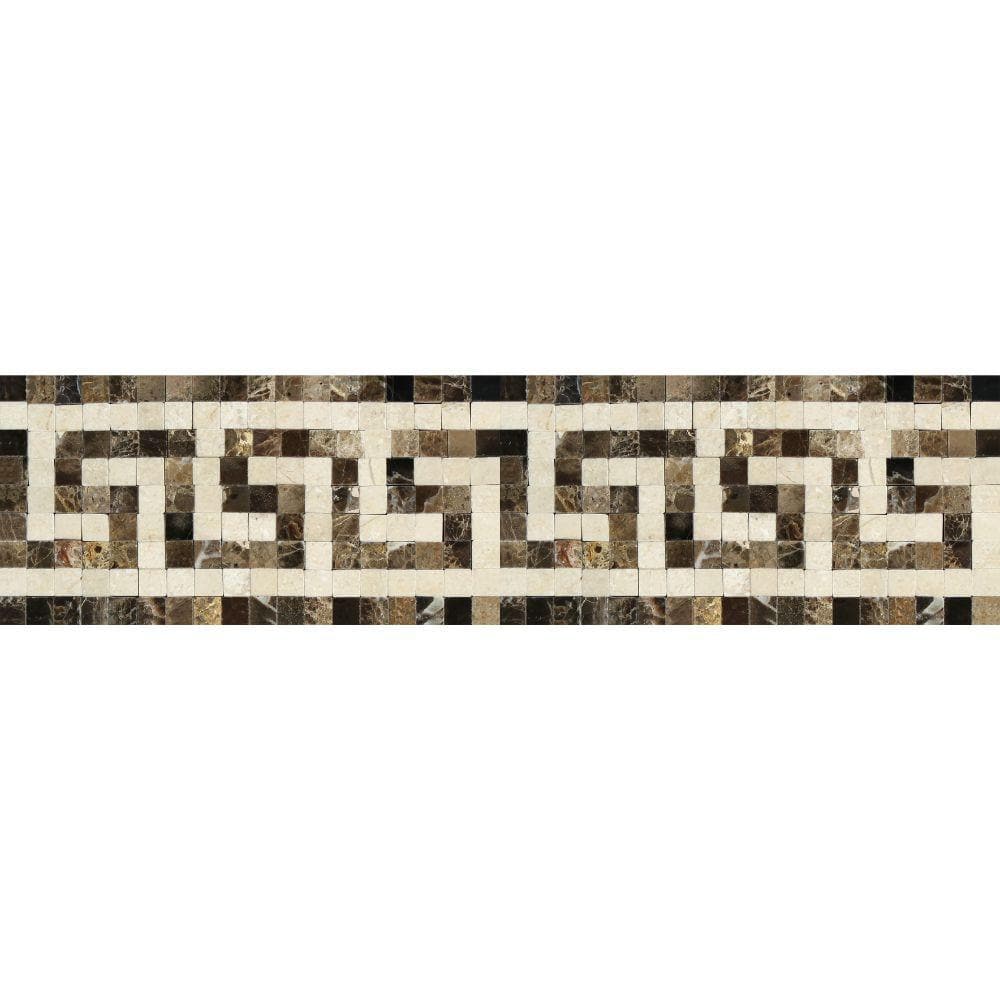 Emperador Dark Polished Marble Greek Key Border (Emp. Dark + Crema Marfil).