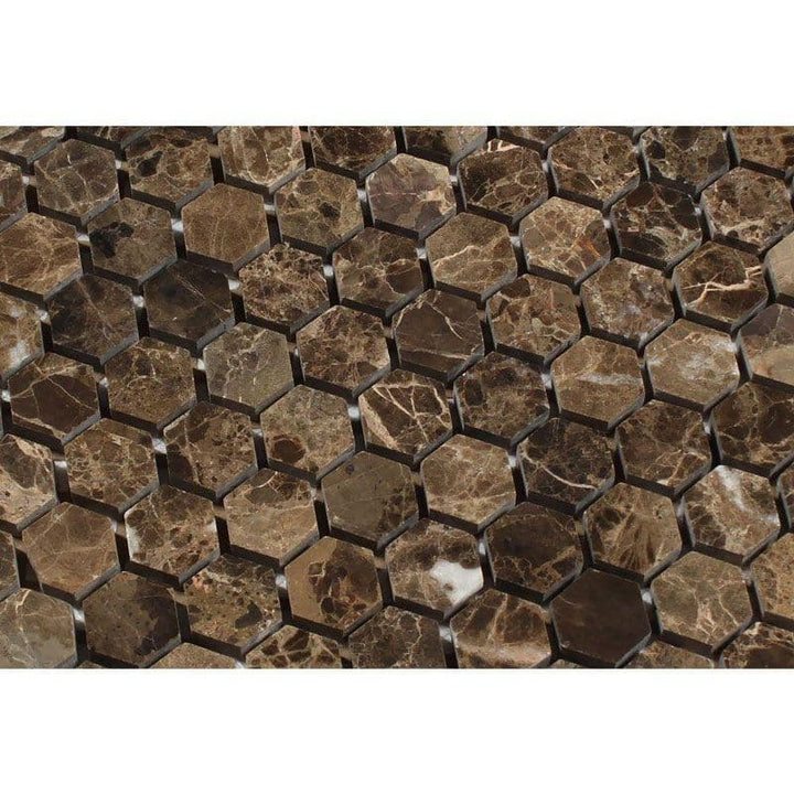 Emperador Dark Spanish Marble 1x1 Hexagon Polished Mosaic Tile - TILE AND MOSAIC DEPOT