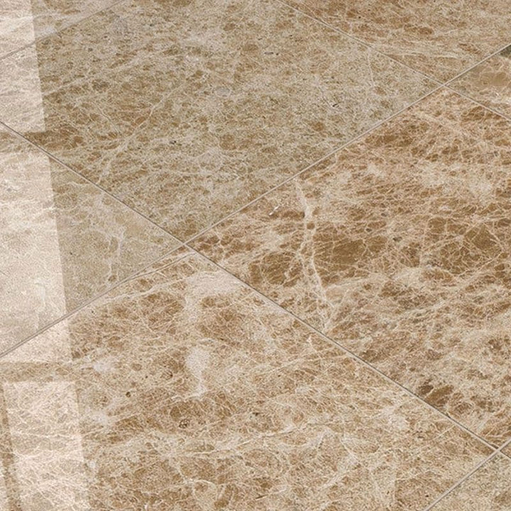 Emperador Light marble 12x12 polished natural stone tile with beige and brown tones, ideal for flooring and wall applications.