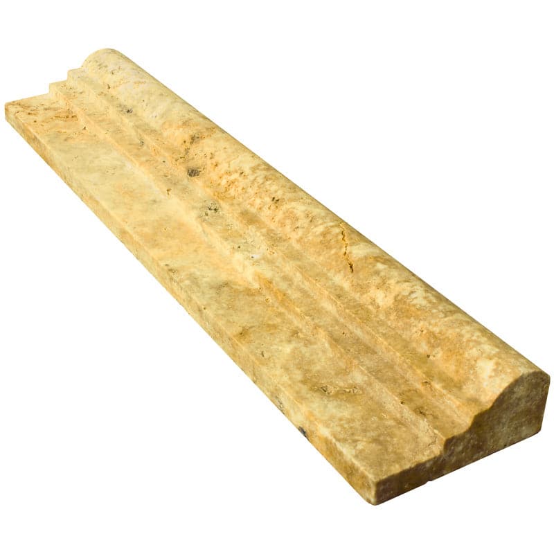 Gold travertine 2.5x12 two-step ogee liner molding from TILE AND MOSAIC DEPOT, showcasing detailed tile trim for elegant wall accents.