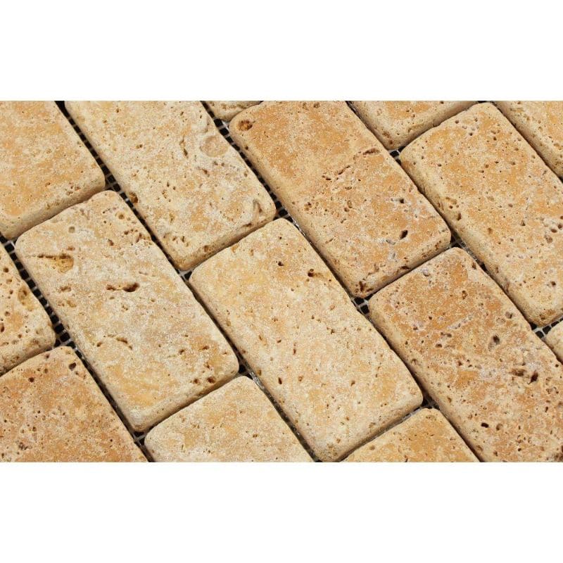 Gold Travertine 2x4 Tumbled Mosaic Tile.