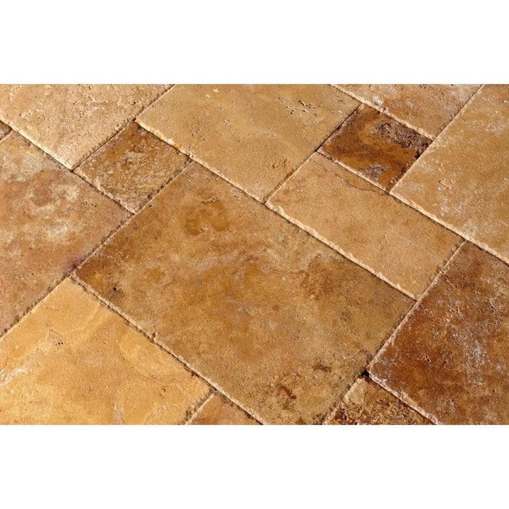 Gold Travertine Unfilled Brushed & Chiseled Versailles Pattern Tile - TILE AND MOSAIC DEPOT