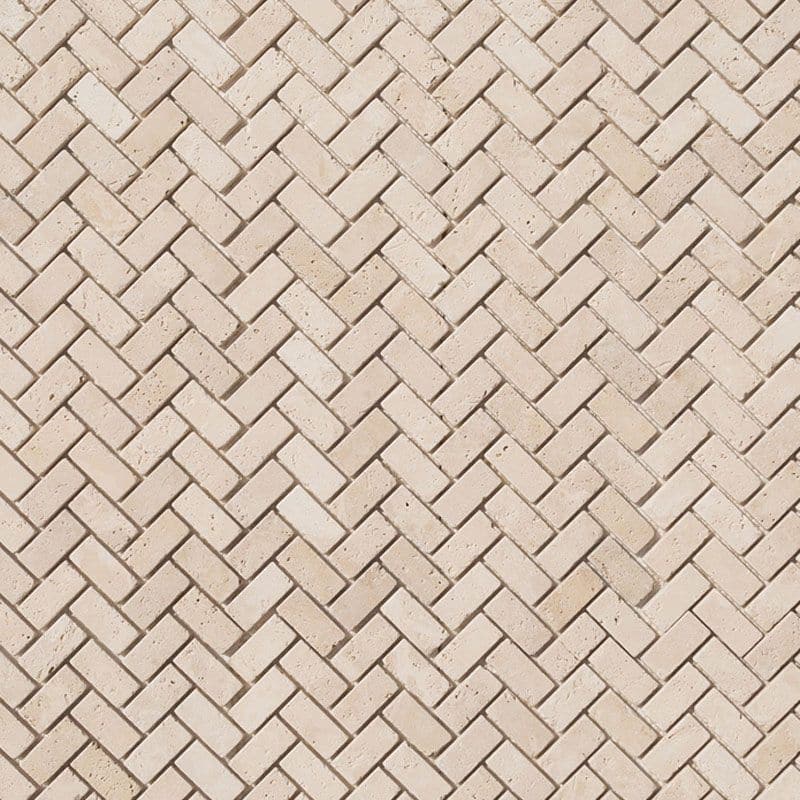 Ivory Travertine 1x2 Herringbone Tumbled Mosaic Tile - TILE AND MOSAIC DEPOT