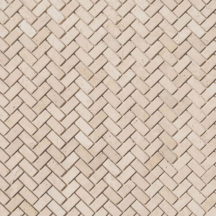 Ivory Travertine 1x2 Herringbone Tumbled Mosaic Tile - TILE AND MOSAIC DEPOT