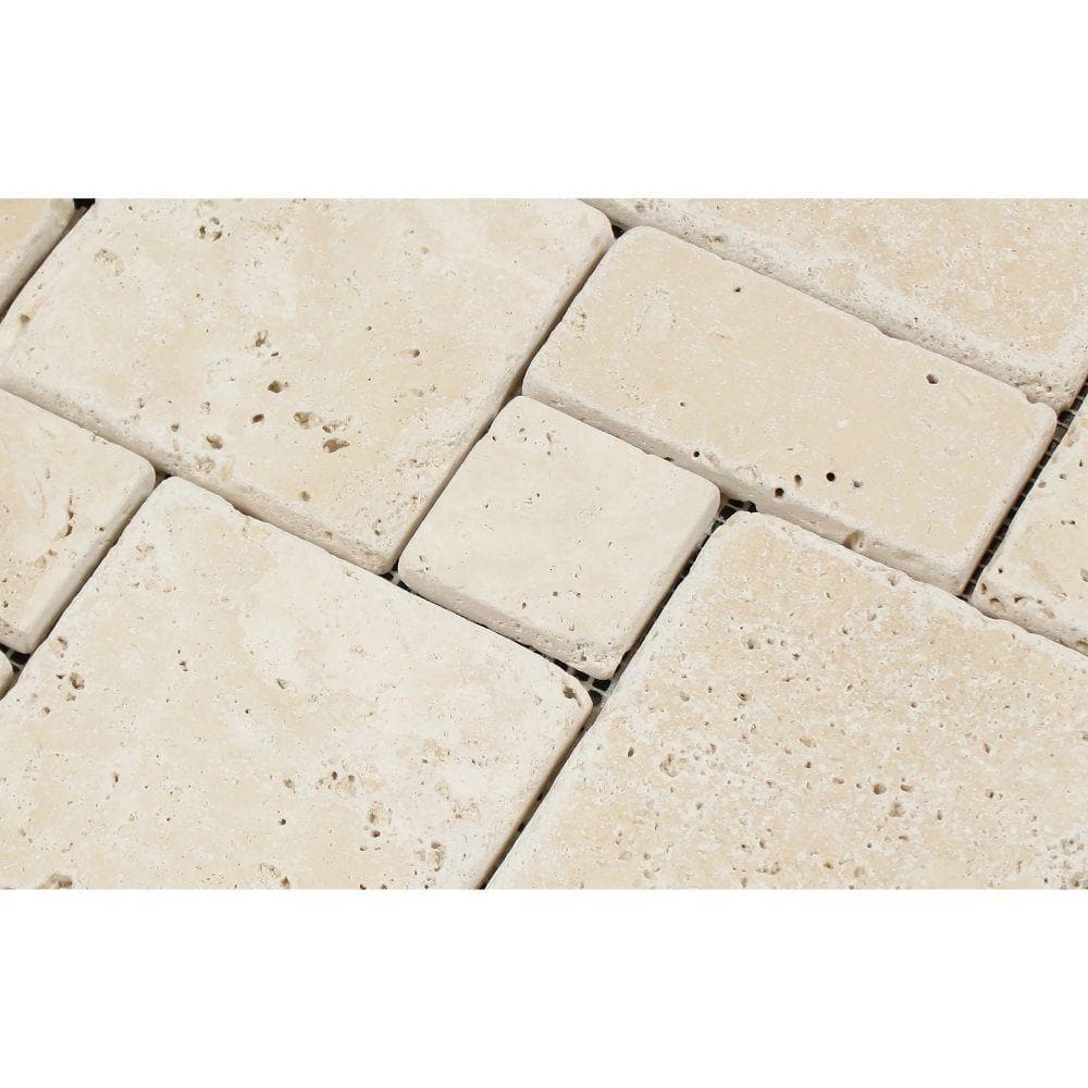 Ivory Travertine Mini Opus Pattern Tumbled Mosaic Tile | TILE & MOSAIC ...