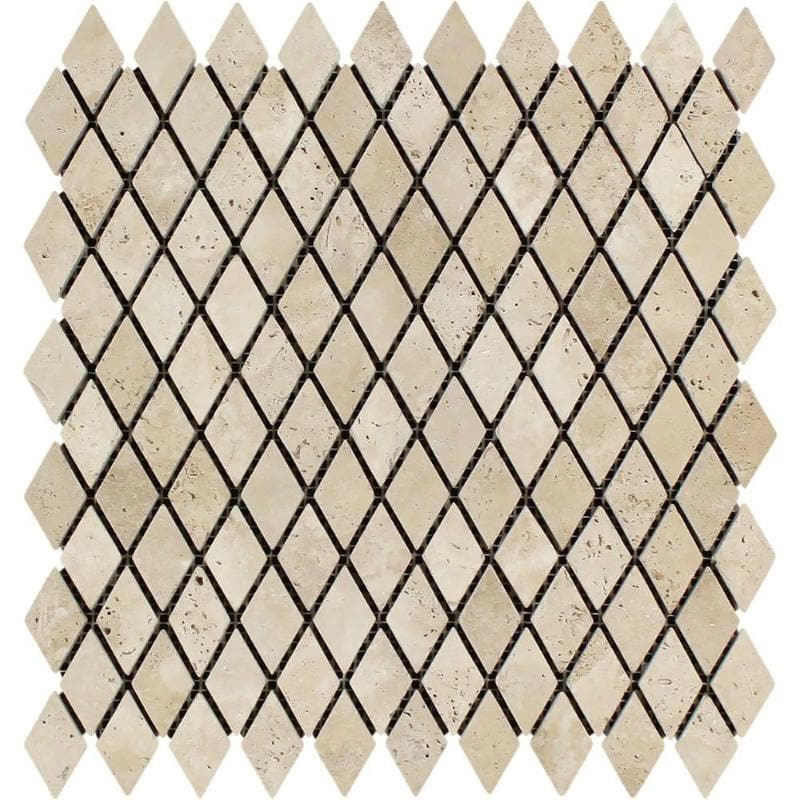 Ivory Travertine Tumbled 1x2 Diamond  Mosaic Tile - TILE AND MOSAIC DEPOT