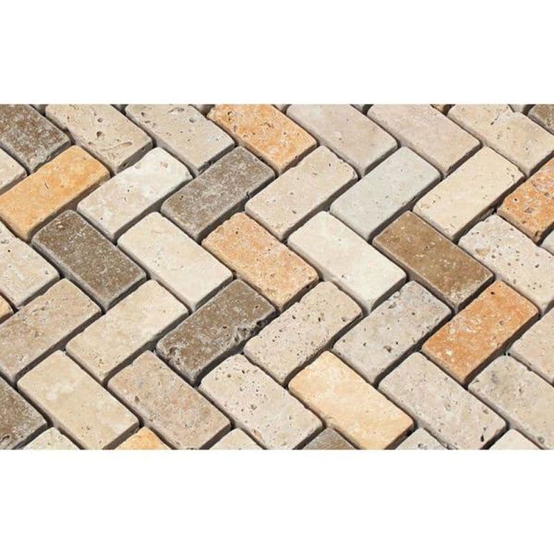Mixed Travertine 1x2 Herringbone Tumbled Mosaic Tile - TILE AND MOSAIC DEPOT