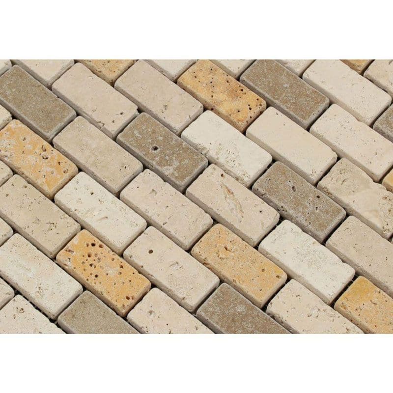 Mixed Travertine 1x2 Tumbled Mosaic Tile - TILE AND MOSAIC DEPOT