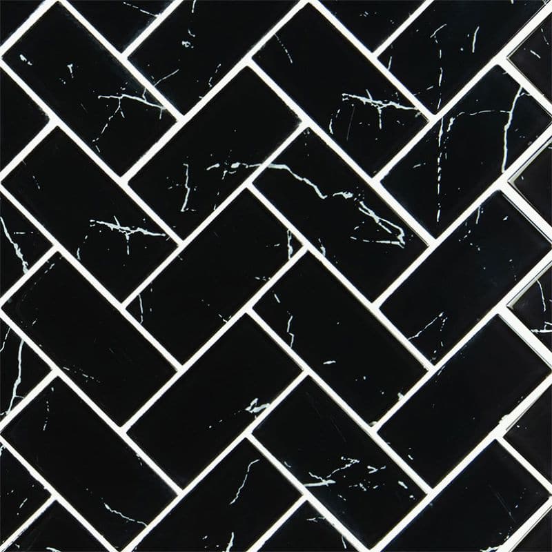 Nero Marquina Black Marble 1x4 Herringbone Mosaic Tile Honed