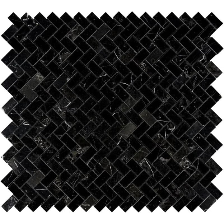 Nero Marquina Marble 1x2 Herringbone Polished Mosaic Tile - TILE AND MOSAIC DEPOT