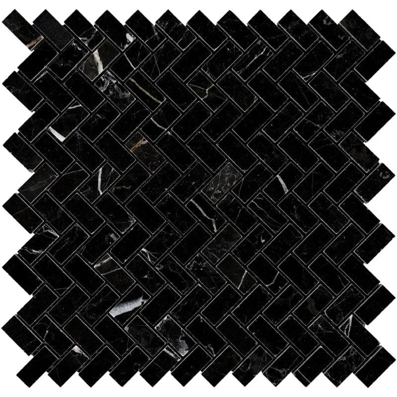 Nero Marquina Marble 5/8x1 1/4 Mini Herringbone Polished Mosaic Tile - TILE AND MOSAIC DEPOT