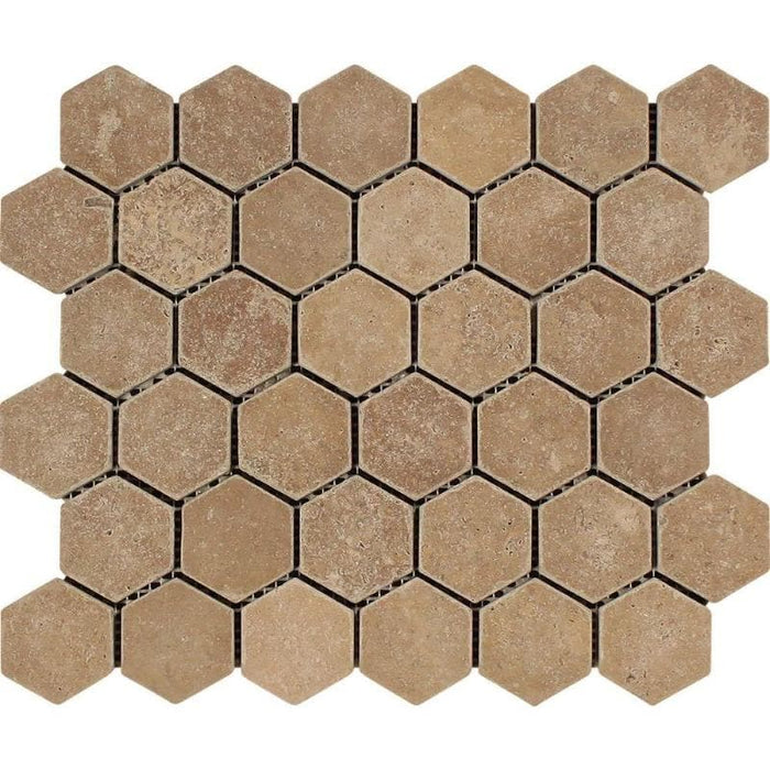Noce Travertine 2x2 Hexagon Tumbled Mosaic Tile - TILE AND MOSAIC DEPOT