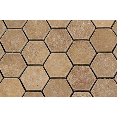 Noce Travertine 2x2 Hexagon Tumbled Mosaic Tile - TILE AND MOSAIC DEPOT
