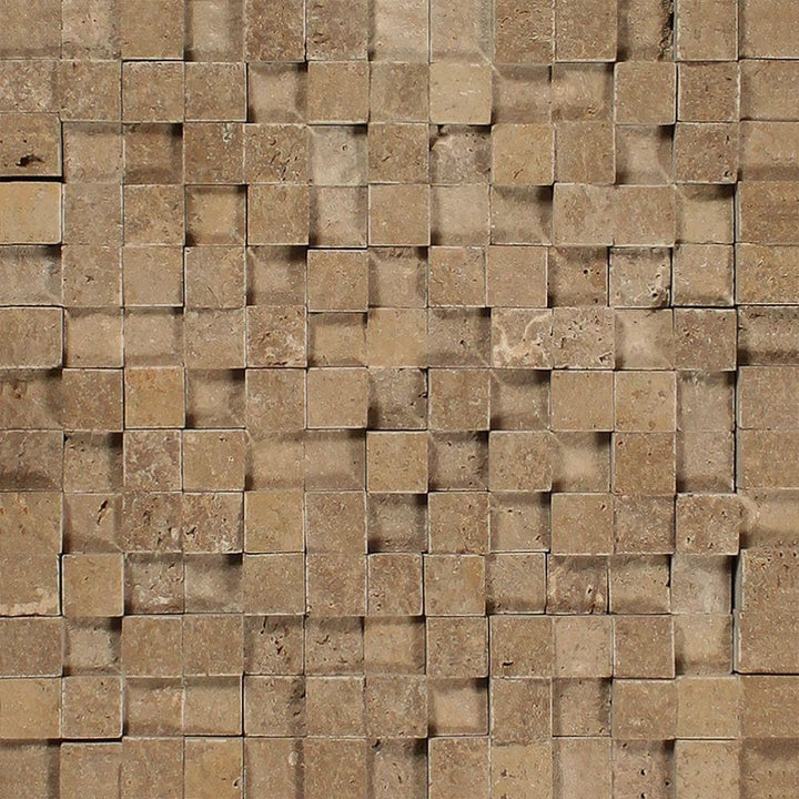 1 x 1 Split-faced Noce Travertine 3-D Mosaic Tile.
