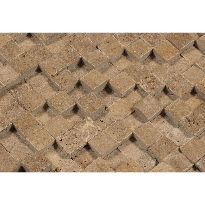 Noce Travertine 3-D 1 x 1 Split-faced Mosaic Tile - TILE & MOSAIC DEPOT