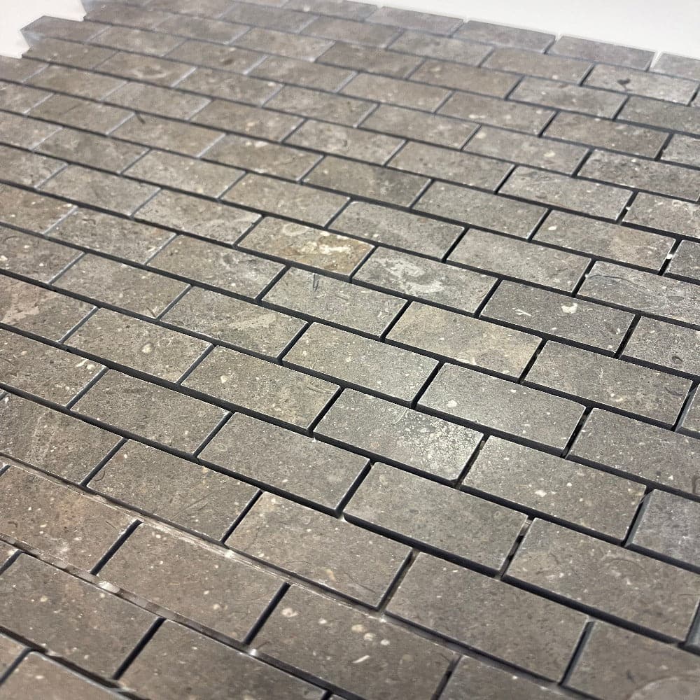 Nova Blue Mini Brick Limestone mosaic tile, 1/2x1 honed pattern, natural stone for backsplash or accent walls.