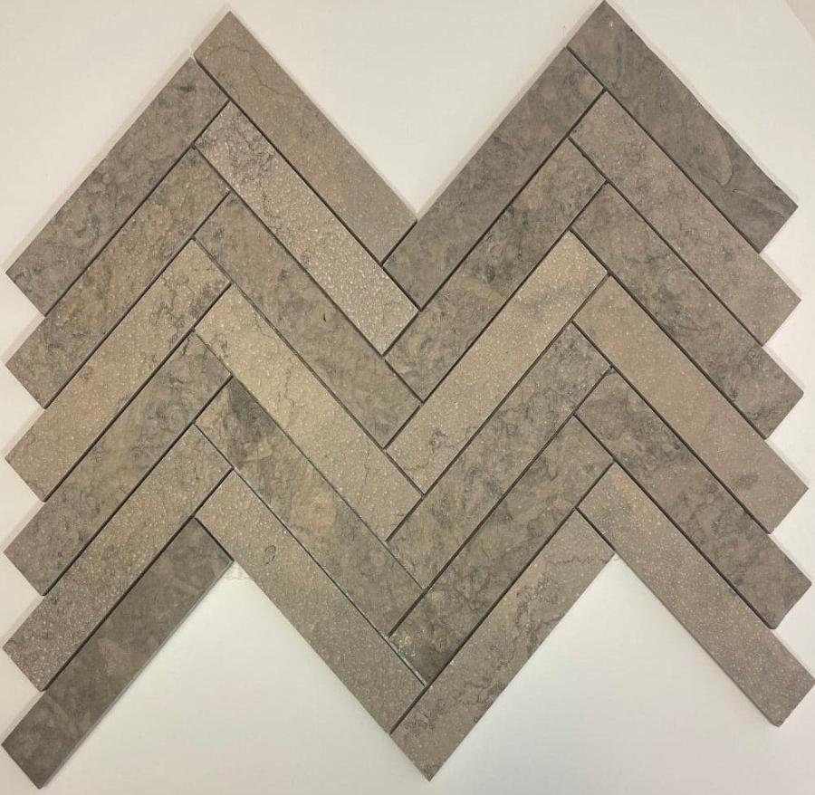 Nova Gray 1x6 Antique Look Herringbone Limestone Mosaic Tile.