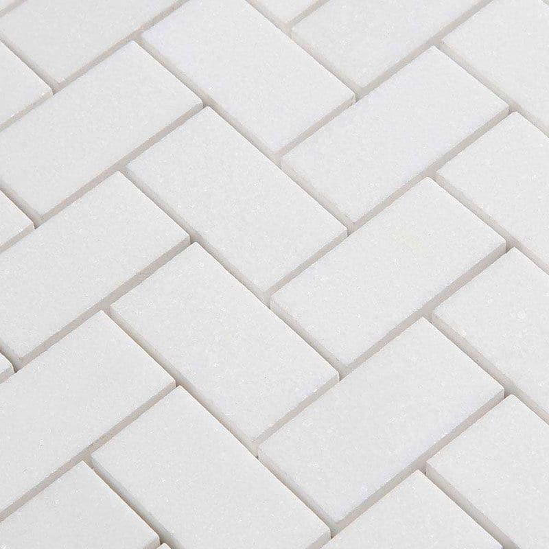 Thassos White Marble 1x2 Herringbone Polished Mosaic Tile - TILE AND MOSAIC DEPOT
