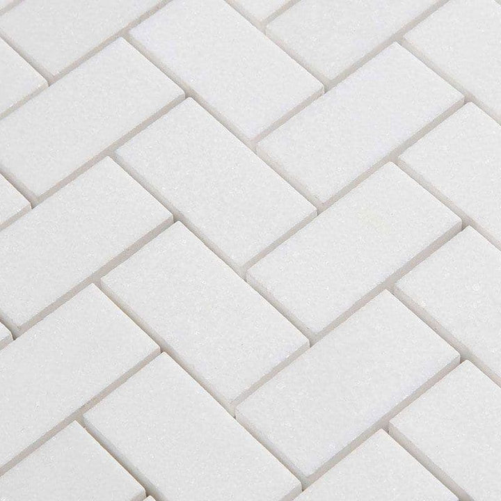 Thassos White Marble 1x2 Herringbone Polished Mosaic Tile - TILE AND MOSAIC DEPOT