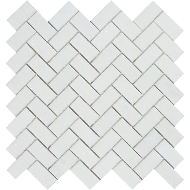 Thassos White Marble 1x2 Herringbone Polished Mosaic Tile - TILE AND MOSAIC DEPOT