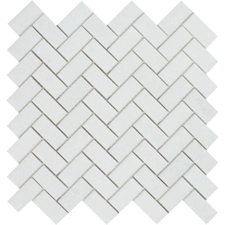 Thassos White Marble 1x2 Herringbone Polished Mosaic Tile - TILE AND MOSAIC DEPOT