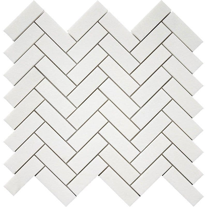 Thassos White Marble 1x3 Herringbone Polished Mosaic Tile - TILE AND MOSAIC DEPOT