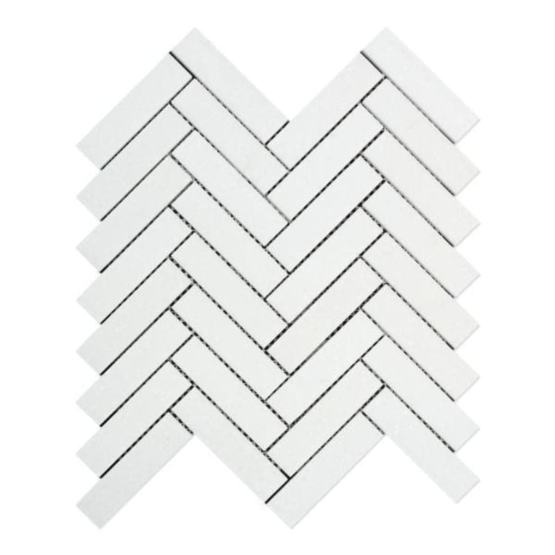 Thassos White Marble 1x4 Herringbone Honed Mosaic Tile.
