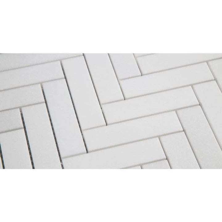 Thassos White Marble 1x4 Herringbone Polished Mosaic Tile.