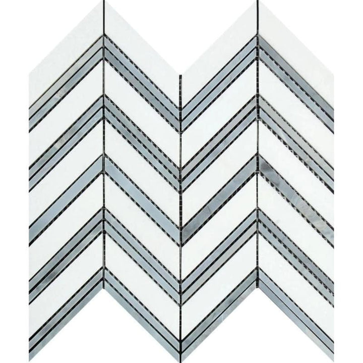 Thassos White Marble Chevron with Blue Strips Polished Mosaic Tile - TILE AND MOSAIC DEPOT