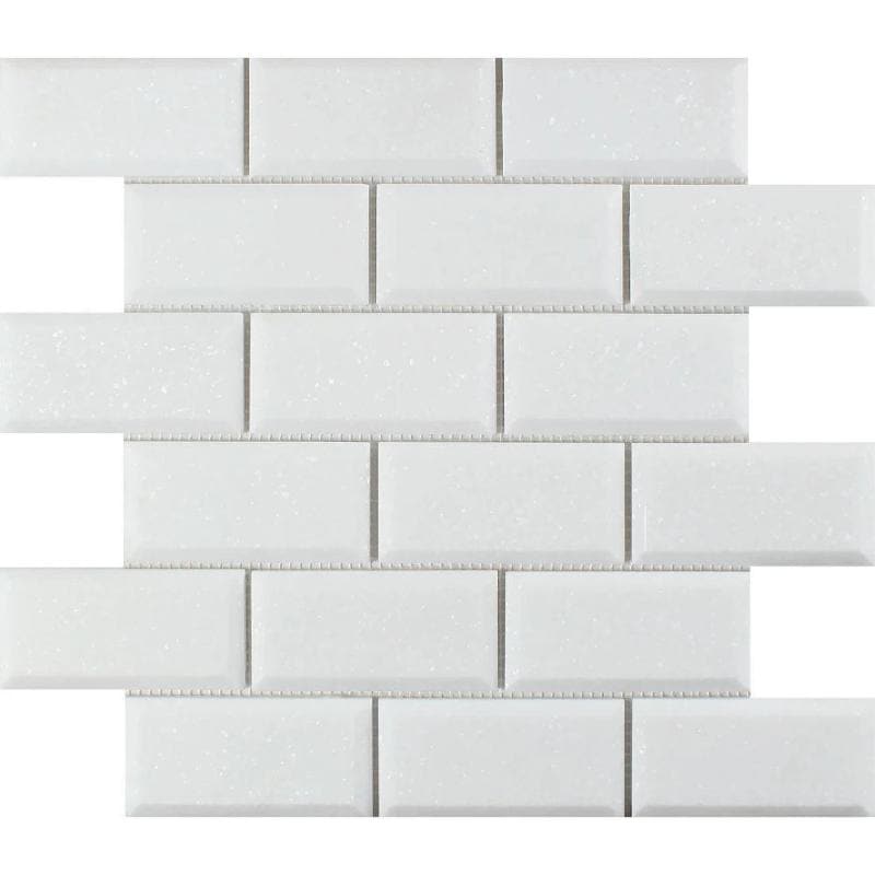 Thassos White Marble Deep-Beveled 2x4 Polished Mosaic Tile - TILE AND MOSAIC DEPOT
