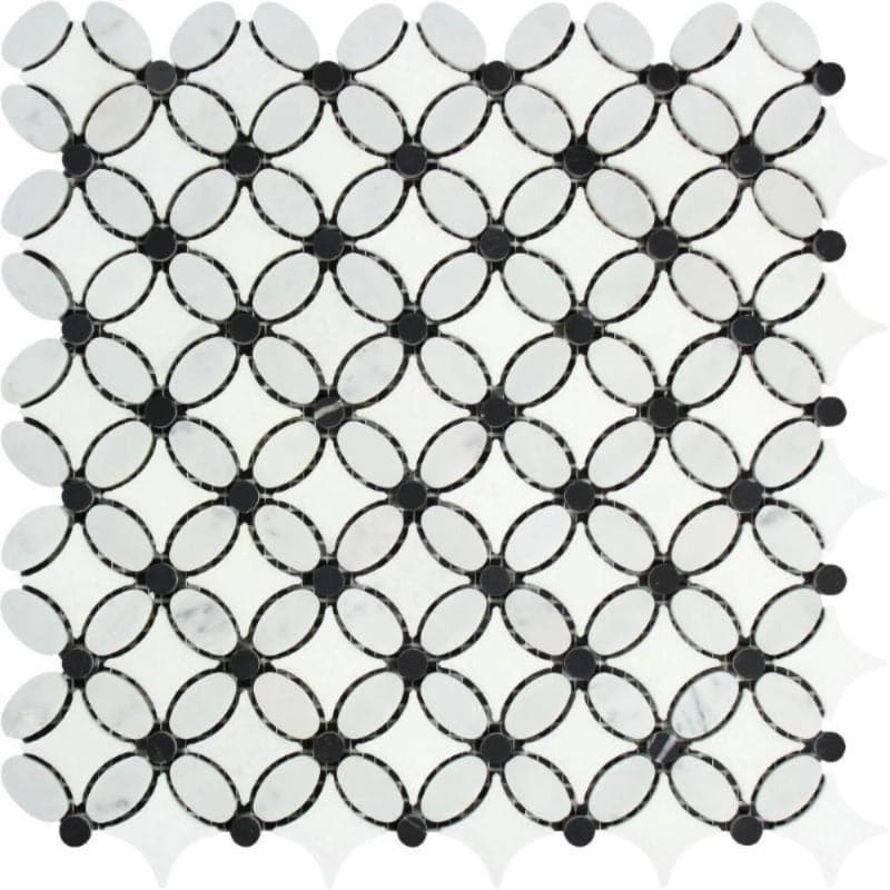 Thassos White Marble Florida Flower Polished Mosaic Tile w/Black Dots - TILE AND MOSAIC DEPOT