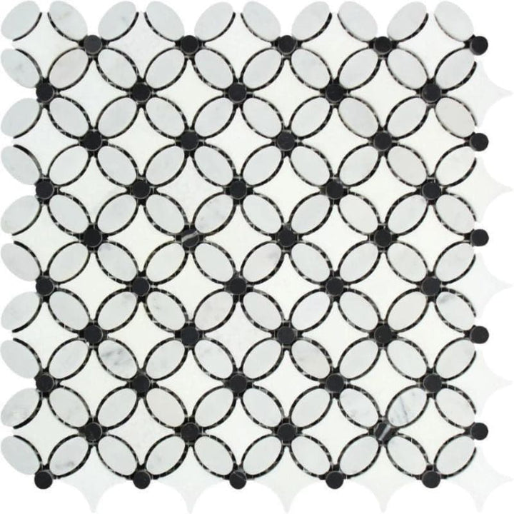 Thassos White Marble Florida Flower Polished Mosaic Tile w/Black Dots - TILE AND MOSAIC DEPOT