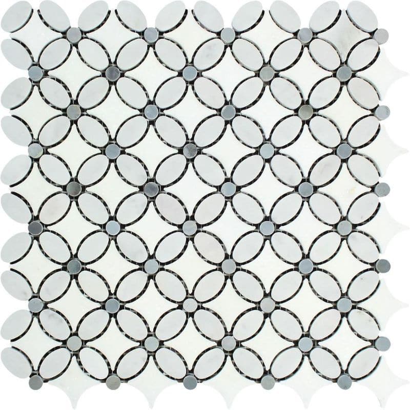 Thassos White Marble Florida Flower Polished Mosaic Tile w/Blue Dots - TILE AND MOSAIC DEPOT