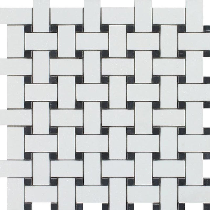 Thassos White Marble Honed Basketweave with Black Dots Mosaic Tile - TILE AND MOSAIC DEPOT