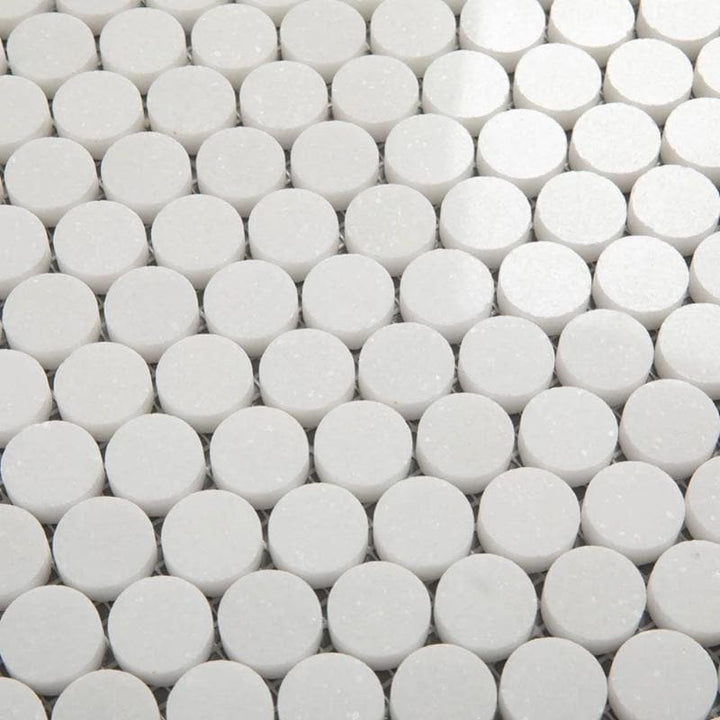 Thassos White Marble Penny Round Polished Mosaic Tile - TILE AND MOSAIC DEPOT