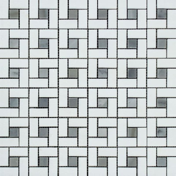 Thassos White Marble Pinwheel w/Blue dots Polished Mosaic Tile - TILE AND MOSAIC DEPOT