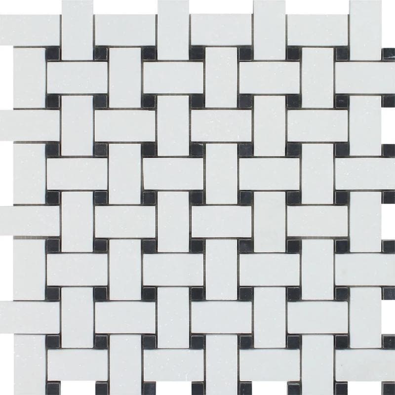 Thassos White Marble Polished Basketweave with Black Dots Mosaic Tile - TILE AND MOSAIC DEPOT