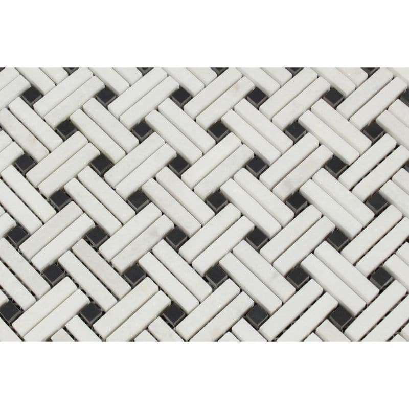 Thassos White Marble Stanza Black Dot Polished Mosaic Tile - TILE AND MOSAIC DEPOT
