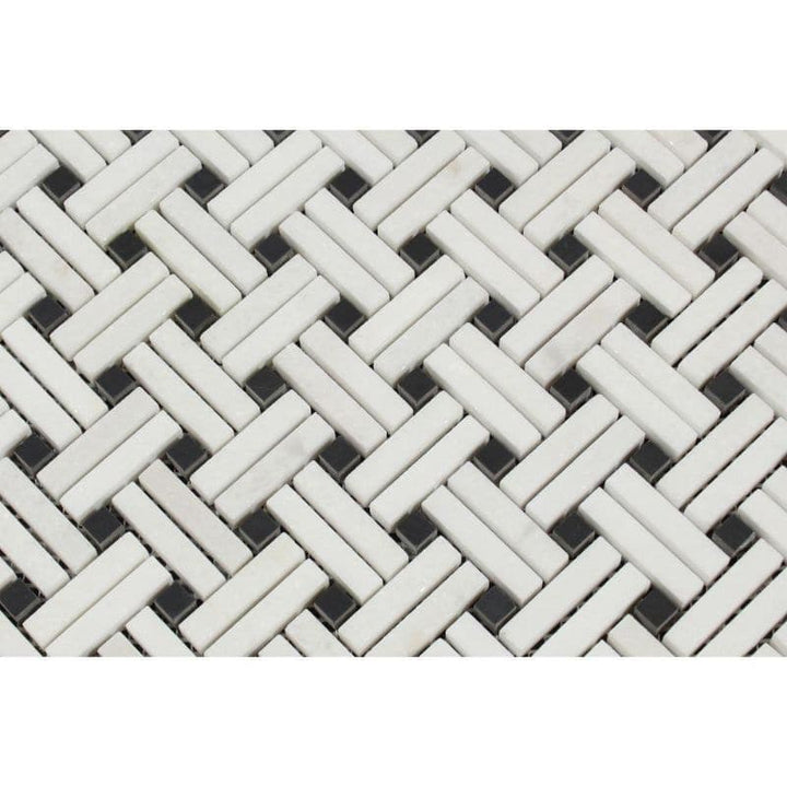 Thassos White Marble Stanza Black Dot Polished Mosaic Tile - TILE AND MOSAIC DEPOT